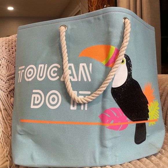 The Unbranded Brand Handbags - Toucan Do It Tropical Beach Tote Canvas Rope Handle Aqua Pink​​